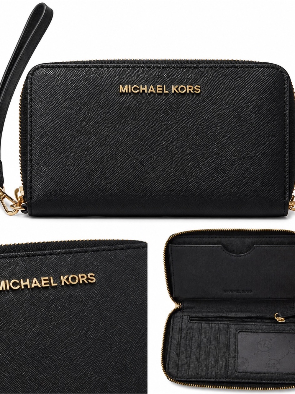 Michael Kors Black Saffiano Leather Double Zip Wristlet Wallet